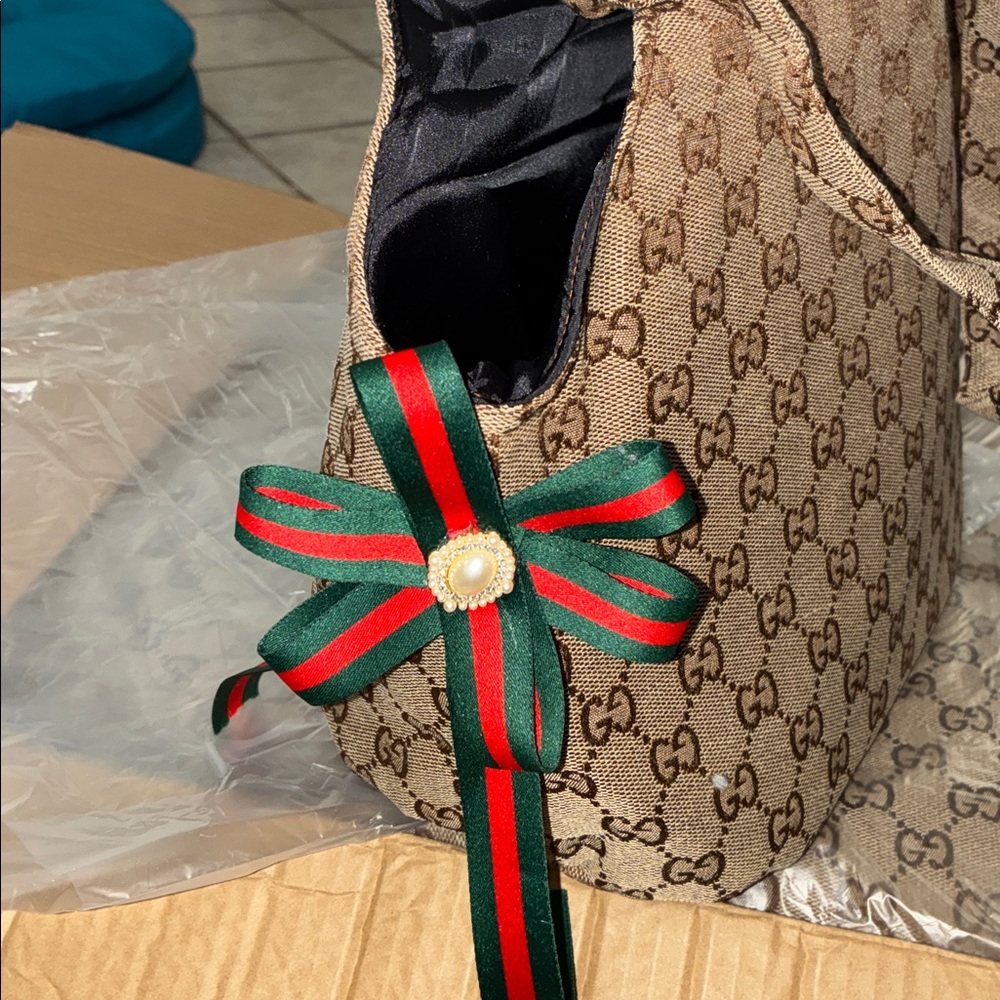 Dog carry bag Beige Patterned with Ribbon Accent - Picture 3 of 8